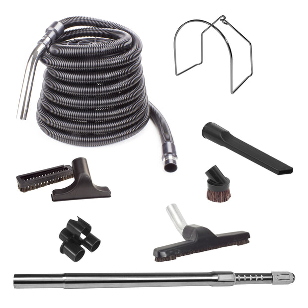 Central Vacuum Kit - 35' (9 m) Hose - Floor Brush - Dusting Brush - Upholstery Brush - Crevice Tool - Telescopic Wand - Metal Hose Hanger - Tool Caddy