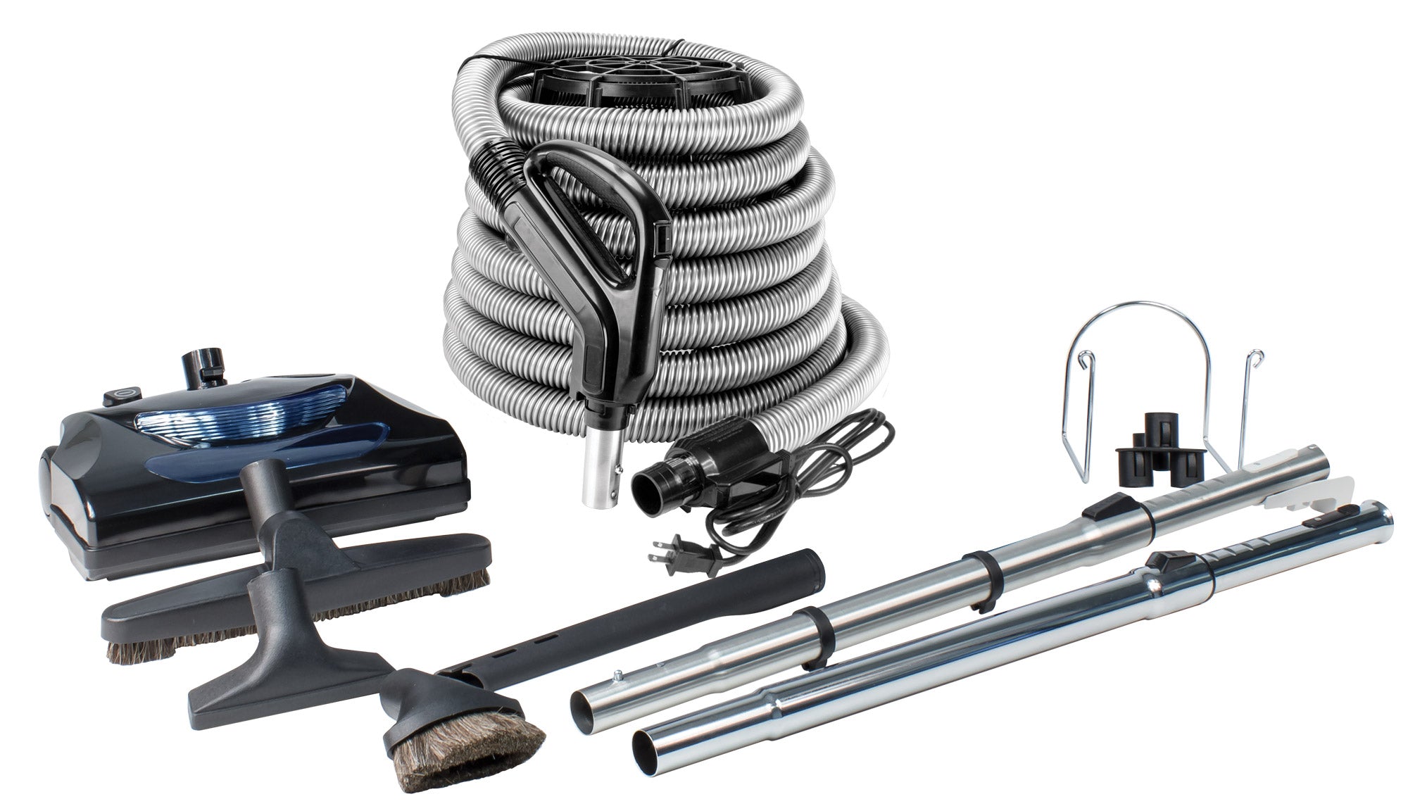 Central Vacuum Kit - 30' (9 m) Silver Electrical Hose - Power Nozzle - Floor Brush - Dusting Brush - Upholstery Brush - Crevice Tool - 2 Telescopic Wands - Hose and Tools Hangers - Black