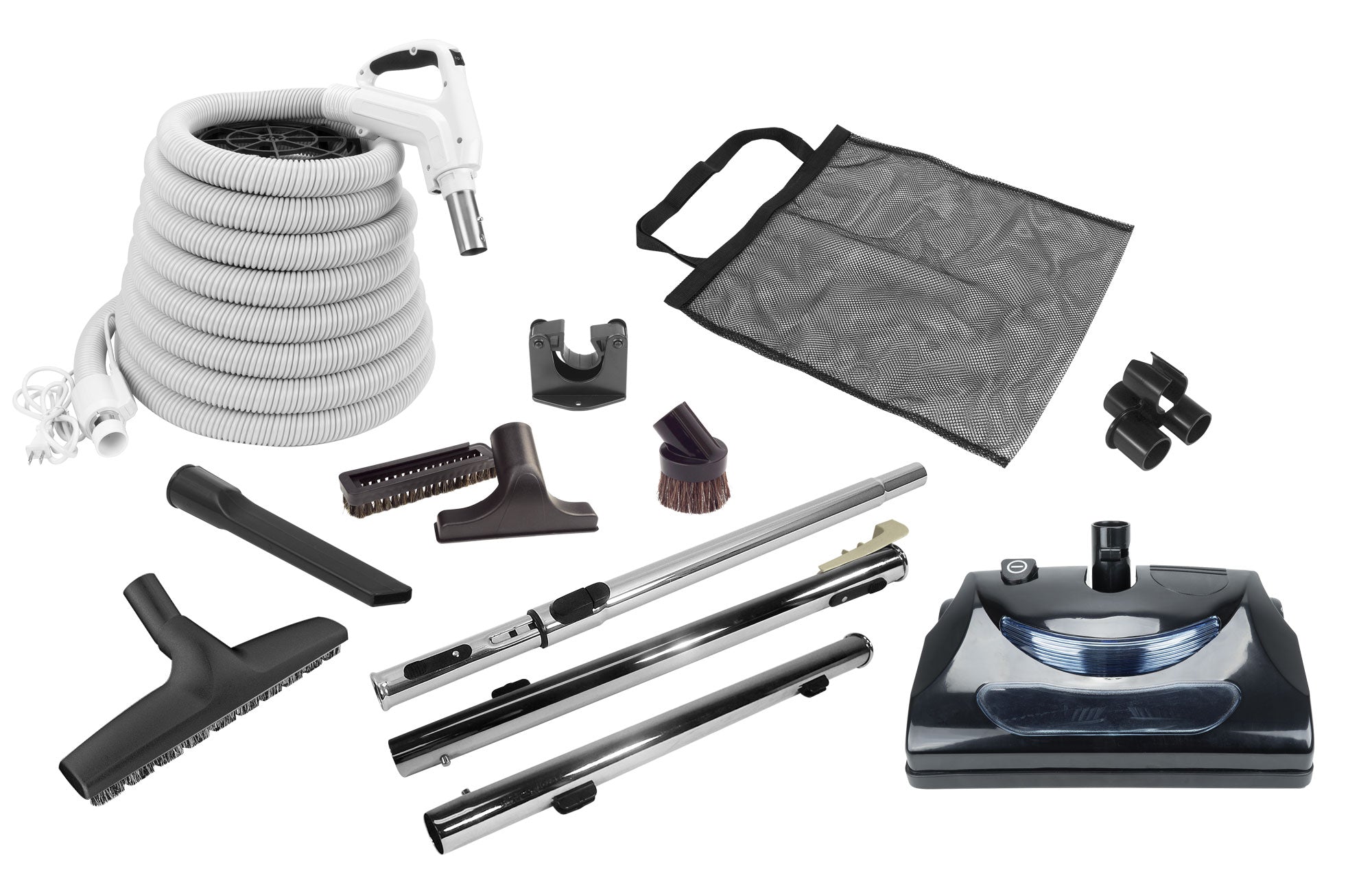 Central Vacuum Kit - 30' (9 m) Electrical Hose with On/Off Switch - Power Nozzle - Multiple Brushes