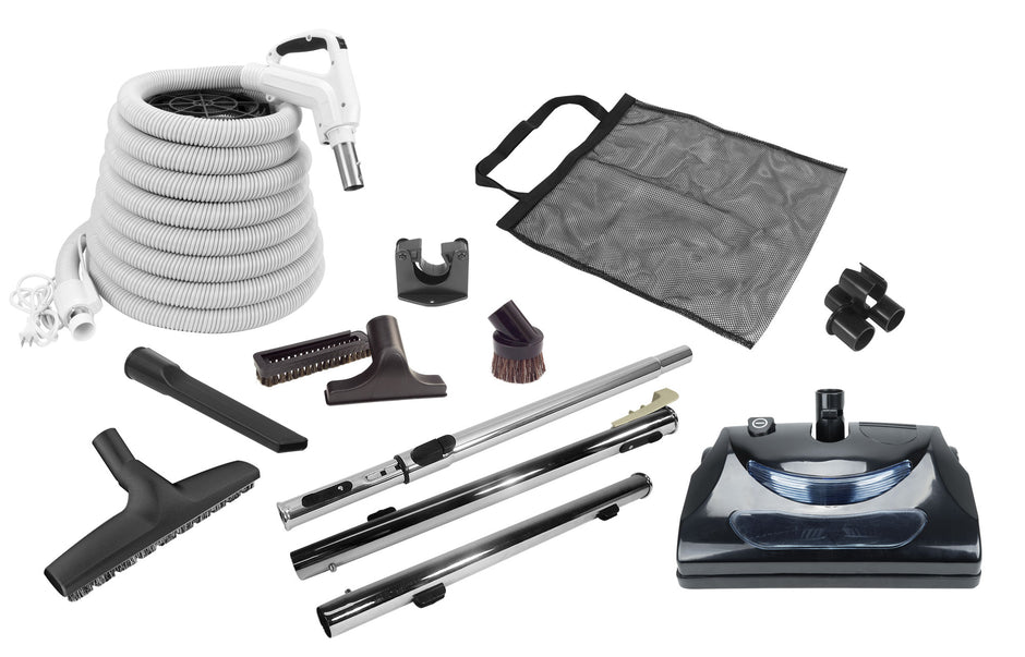 Central Vacuum Kit - 30' (9 m) Electrical Hose with On/Off Switch - Power Nozzle - Multiple Brushes