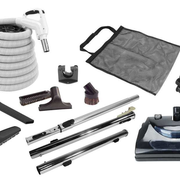 Central Vacuum Kit - 30' (9 m) Electrical Hose with On/Off Switch - Power Nozzle - Multiple Brushes