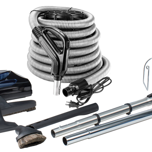 Central Vacuum Kit - 30' (9 m) Silver Electrical Hose - Power Nozzle - Floor Brush - Dusting Brush - Upholstery Brush - Crevice Tool - 2 Telescopic Wands - Hose and Tools Hangers - Black