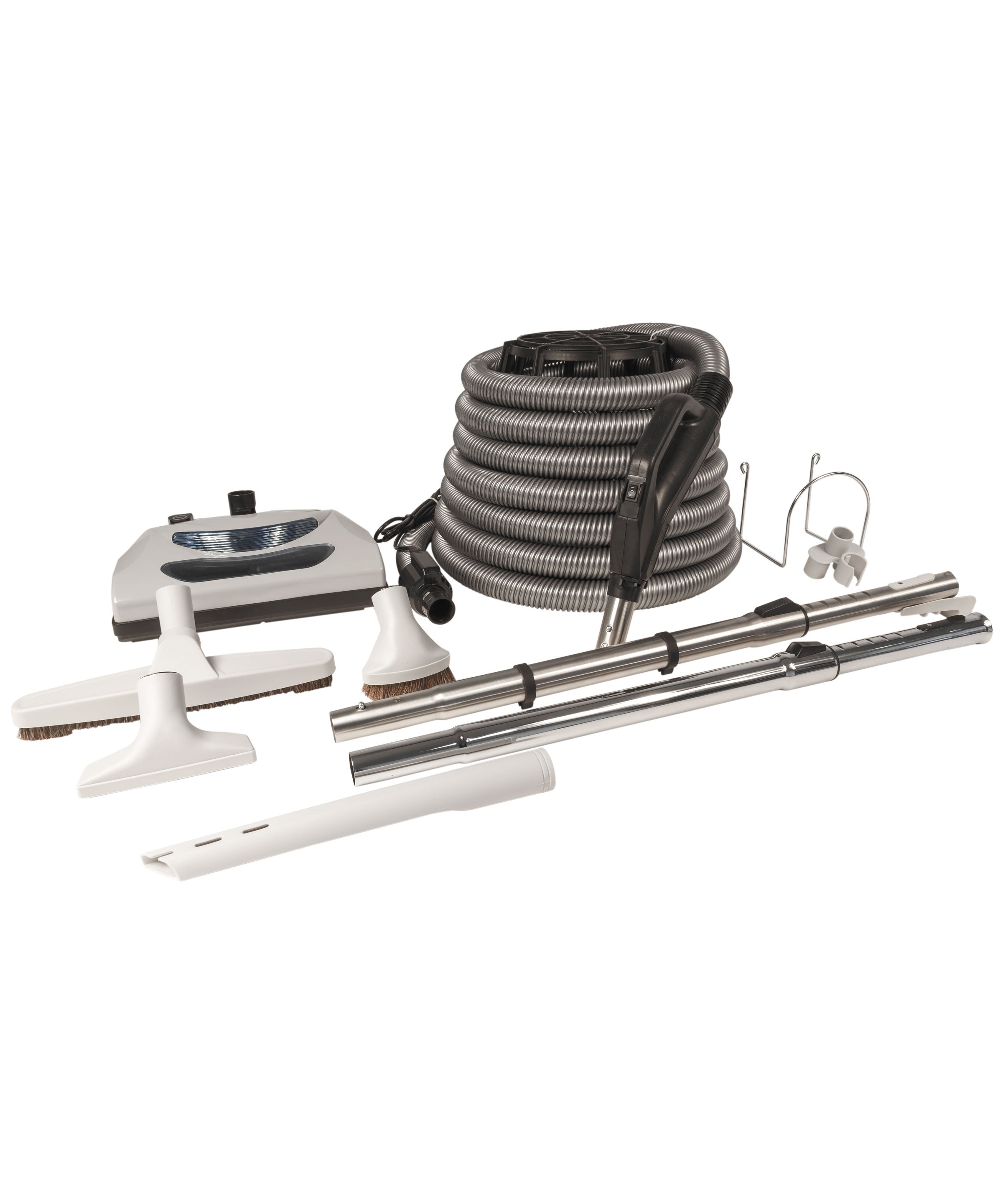 Central Vacuum Kit - 35' (10 m) Silver Electrical Hose - Power Nozzle - Floor Brush - Dusting Brush - Upholstery Brush - Crevice Tool - 2 Telescopic Wands - Hose and Tools Hangers - Grey
