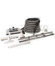 Central Vacuum Kit - 35' (10 m) Silver Electrical Hose - Power Nozzle - Floor Brush - Dusting Brush - Upholstery Brush - Crevice Tool - 2 Telescopic Wands - Hose and Tools Hangers - Grey