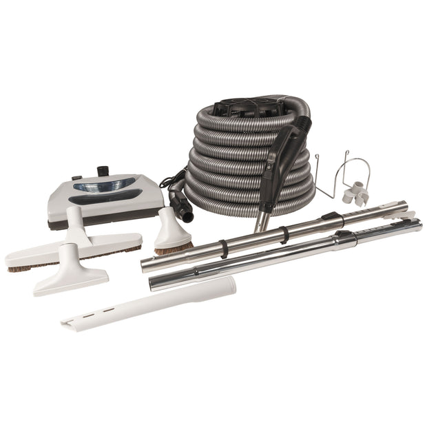 Central Vacuum Kit - 35' (10 m) Silver Electrical Hose - Power Nozzle - Floor Brush - Dusting Brush - Upholstery Brush - Crevice Tool - 2 Telescopic Wands - Hose and Tools Hangers - Grey