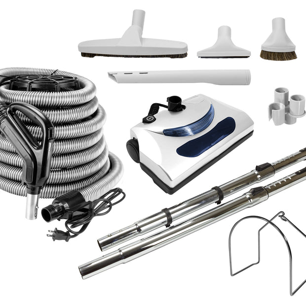 Central Vacuum Kit - 30' (9 m) Silver Electrical Hose - Power Nozzle - Floor Brush - Dusting Brush - Upholstery Brush - Crevice Tool - 2 Telescopic Wands - Hose and Tools Hangers - Grey