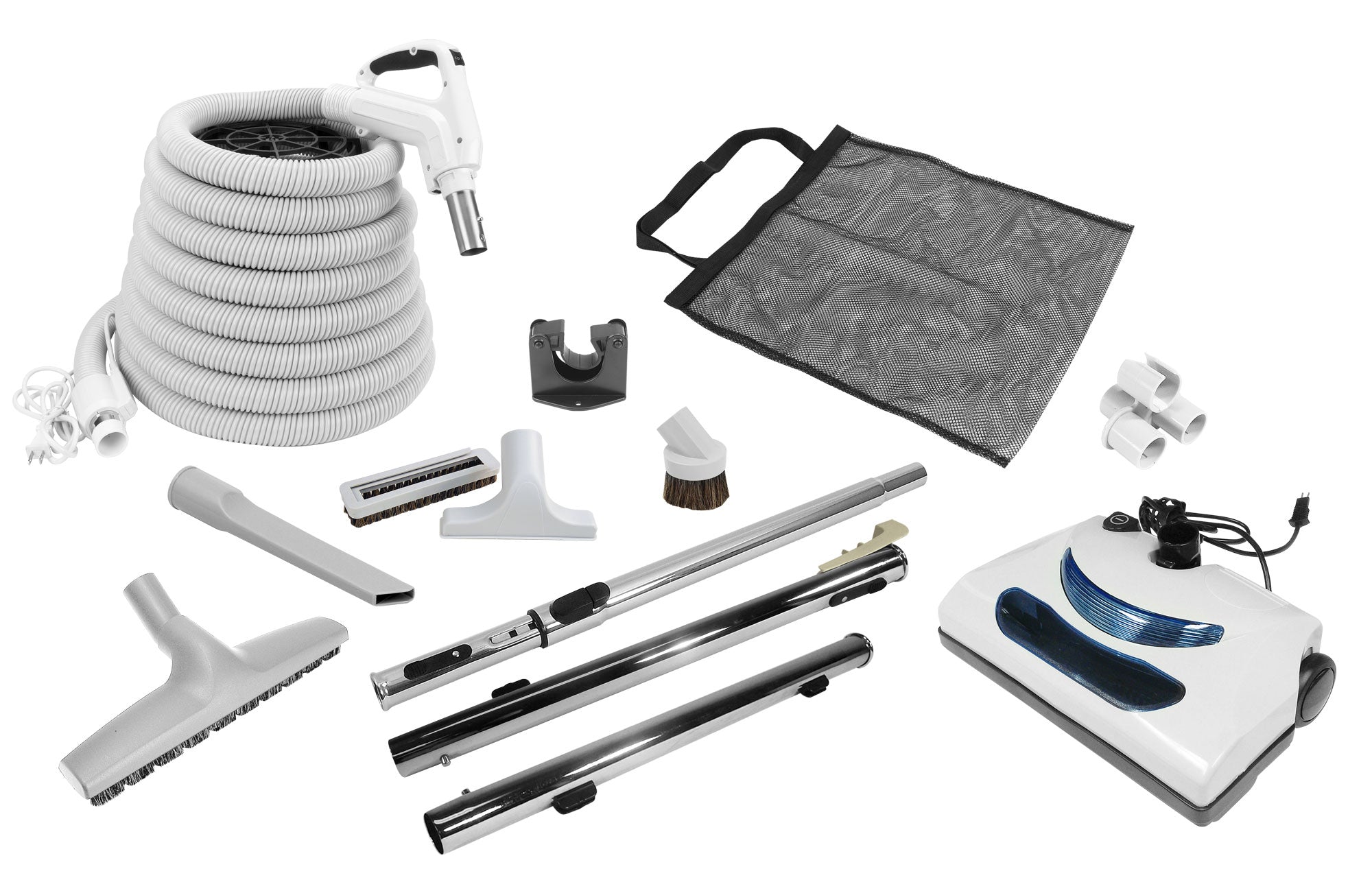 Central Vacuum Kit - 30' (9 m) Electrical Hose with On/Off Switch - Power Nozzle - Multiple Brushes - White