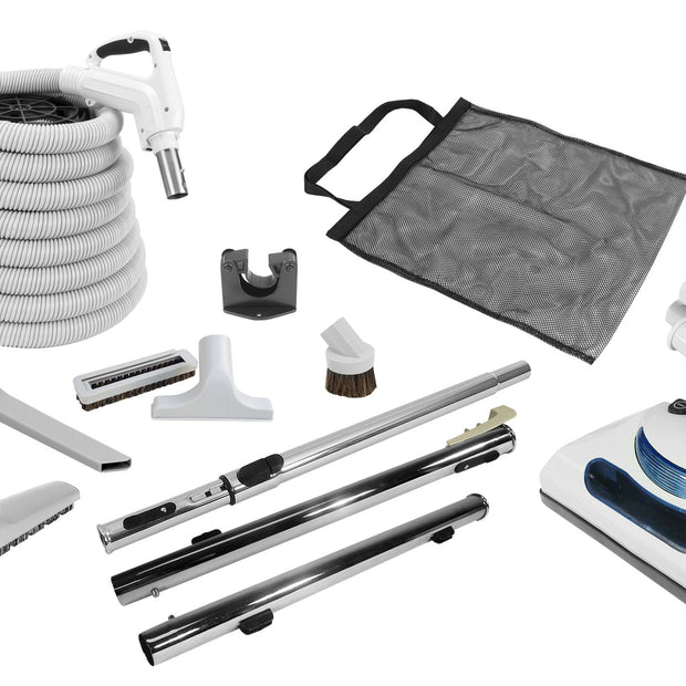 Central Vacuum Kit - 30' (9 m) Electrical Hose with On/Off Switch - Power Nozzle - Multiple Brushes - White