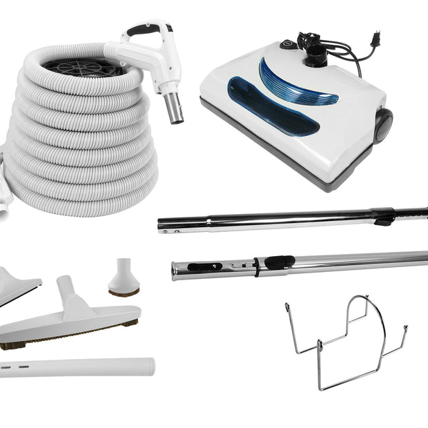 Central Vacuum Accessories Kit - 30' (10,6 m) Electrical Hose - Power Nozzle - Floor Brush - Dusting Brush - Upholstery Brush - Crevice Tool - 2 Telescopic Wands - Hose and Tools Hanger