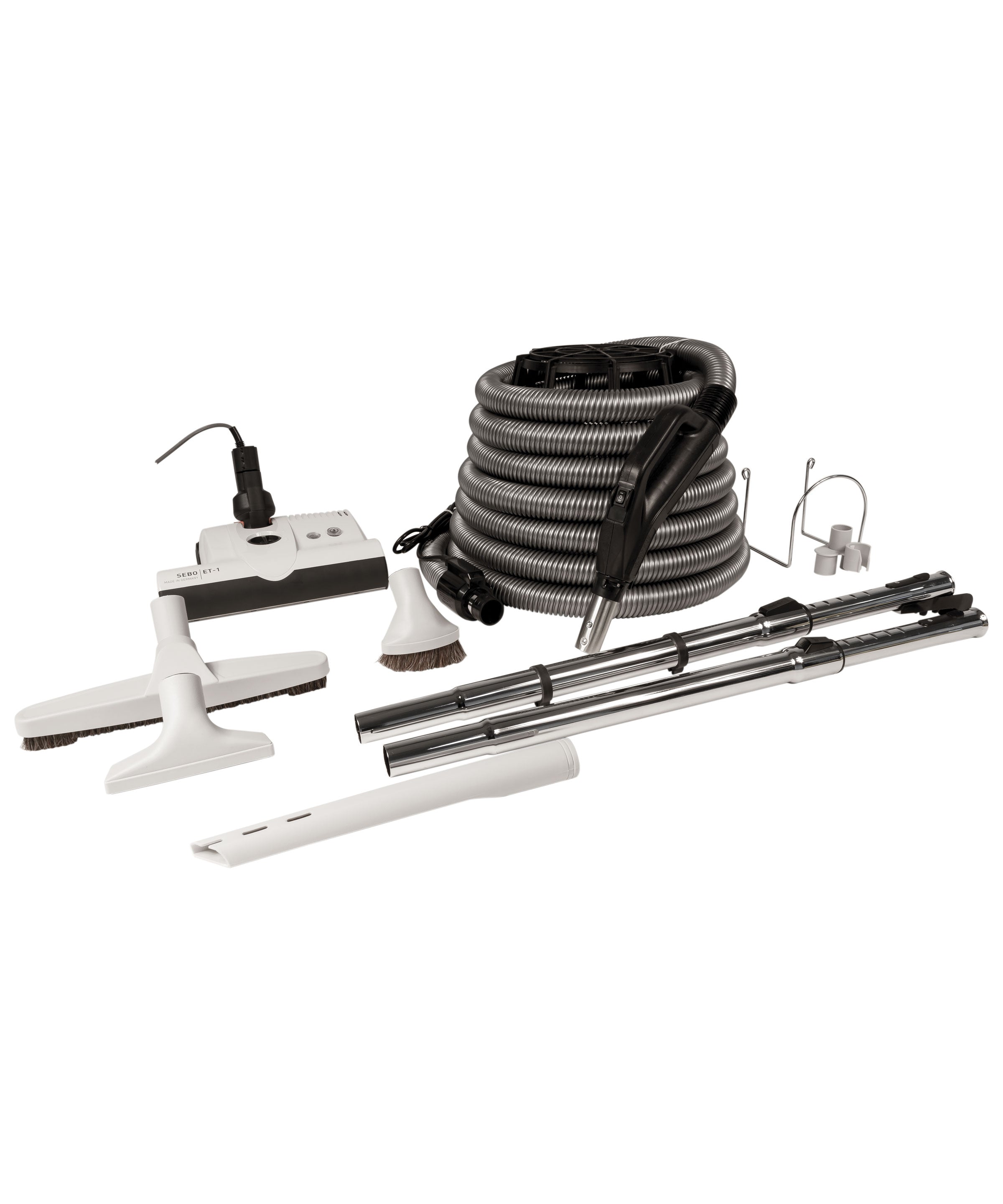 Central Vacuum Kit - 35' (10 m) Silver Electrical Hose - SEBO Power Nozzle - Floor Brush - Dusting Brush - Upholstery Brush - Crevice Tool - 2 Telescopic Wands - Hose and Tools Hangers - Grey