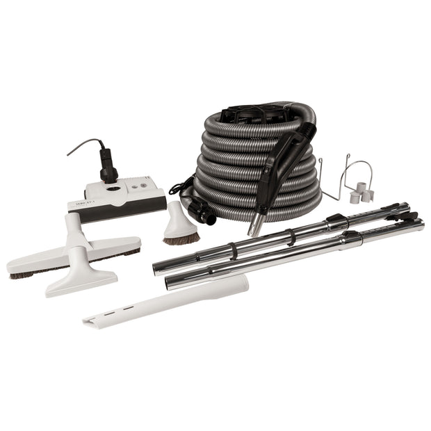 Central Vacuum Kit - 35' (10 m) Silver Electrical Hose - SEBO Power Nozzle - Floor Brush - Dusting Brush - Upholstery Brush - Crevice Tool - 2 Telescopic Wands - Hose and Tools Hangers - Grey