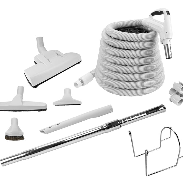 Central Vacuum Kit - 35' (10 m) Silver Electrical Hose - Wessel-Werk Air Nozzle - Floor Brush - Dusting Brush - Upholstery Brush - Crevice Tool - Telescopic Wand - Hose and Tools Hangers - Grey