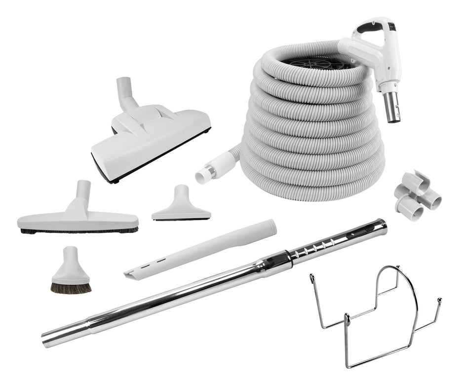Central Vacuum Kit - 30' (9 m) Light grey Electrical Hose - Wessel-Werk Air Nozzle - Floor Brush - Dusting Brush - Upholstery Brush - Crevice Tool - Telescopic Wand - Hose and Tools Hangers - Grey