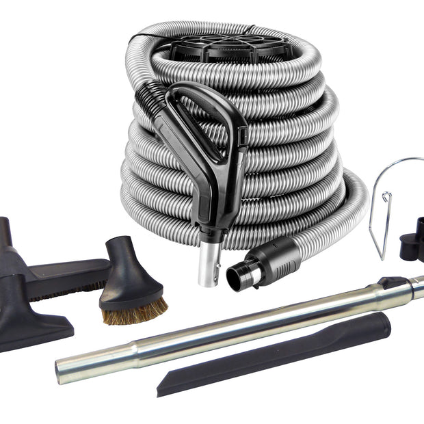Central Vacuum Kit - 30' (9 m) Silver Hose Gas Pump Handle - Floor Brush - Dusting Brush - Upholstery Brush - Crevice Tool - Telescopic Wand - Hose and Tools Hangers - Black