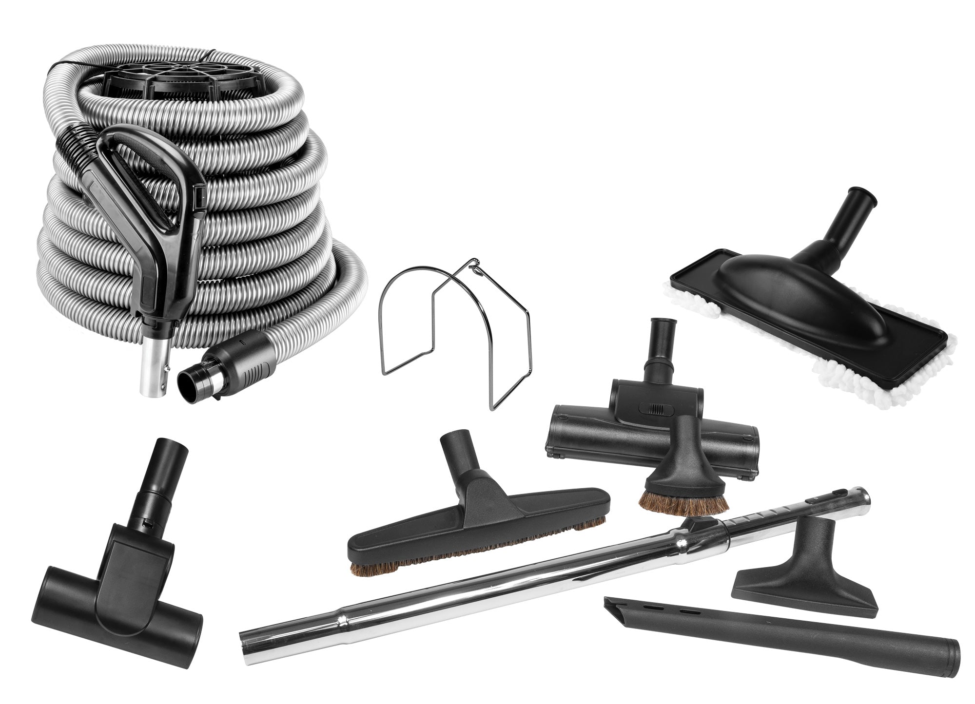 Central Vacuum Kit - 30' (9 m) Silver Hose with On/Off Switch- Air Nozzle - Mini Air Nozlle - Multiple Brushes