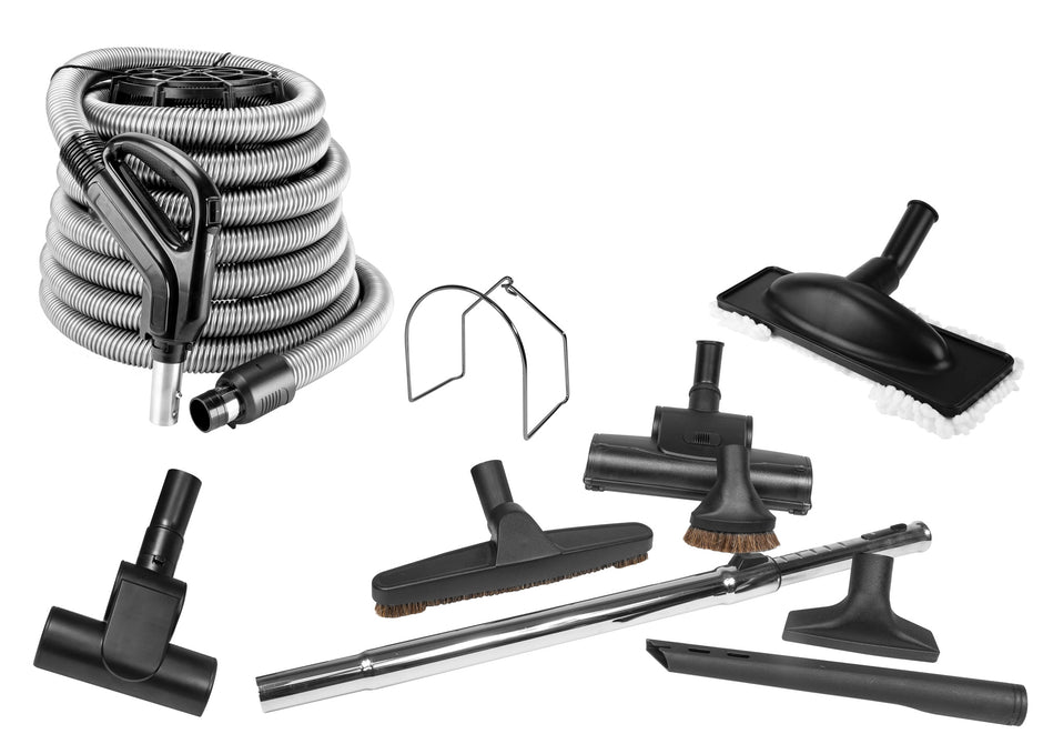 Central Vacuum Kit - 30' (9 m) Silver Hose with On/Off Switch- Air Nozzle - Mini Air Nozlle - Multiple Brushes