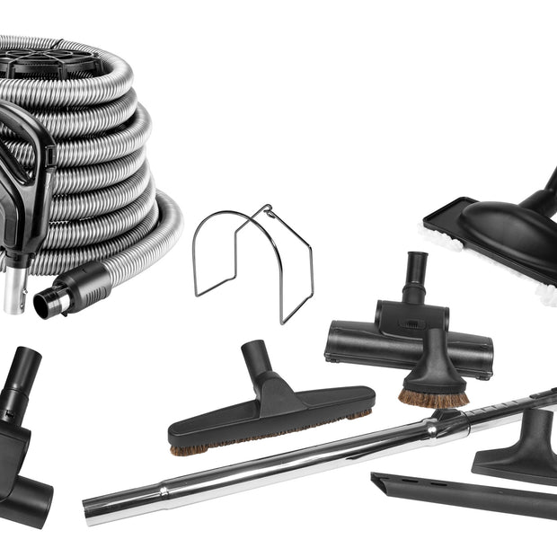 Central Vacuum Kit - 30' (9 m) Silver Hose with On/Off Switch- Air Nozzle - Mini Air Nozlle - Multiple Brushes