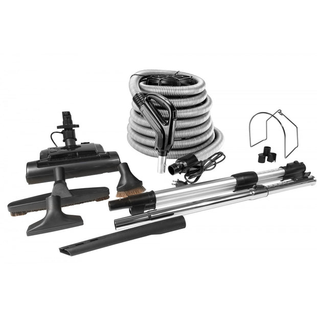 Central Vacuum Kit - 35' (10 m) Electrical Hose with On/Off Switch - Power Nozzle - Multiple Brushes - Hose and Tools Hangers
