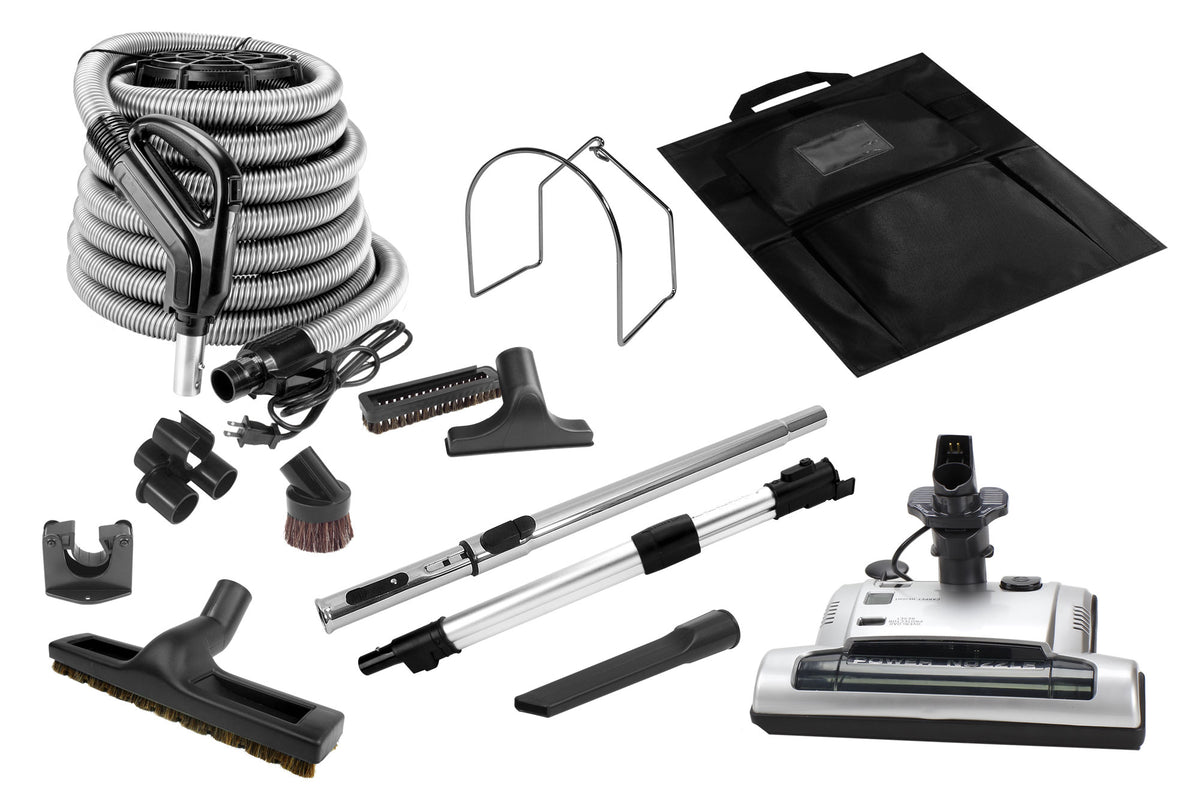 Central Vacuum Kit - 30' (9m) Electric Hose with Ergonomic Handle - Power Nozzle - Floor Brush - Upholstery Brush - Dusting Brush - Crevice Tool - Telescopic Wand - Grey
