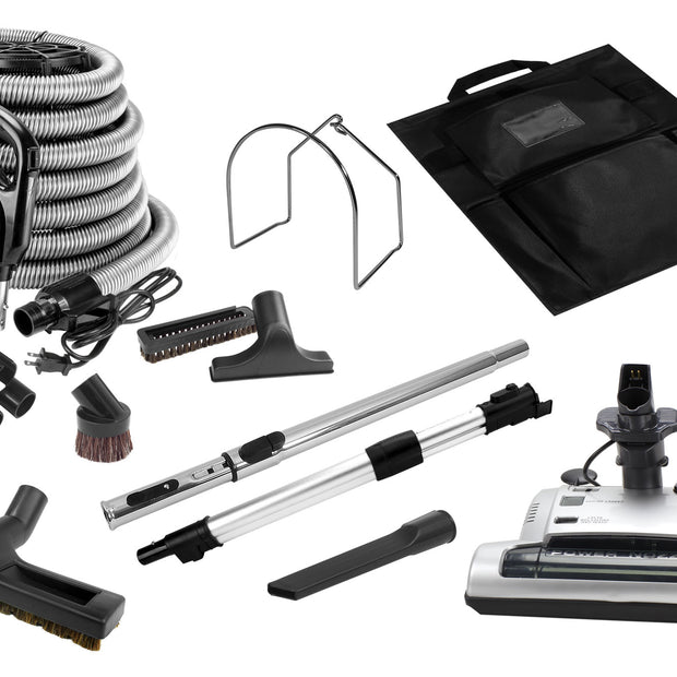 Central Vacuum Kit - 30' (9m) Electric Hose with Ergonomic Handle - Power Nozzle - Floor Brush - Upholstery Brush - Dusting Brush - Crevice Tool - Telescopic Wand - Grey