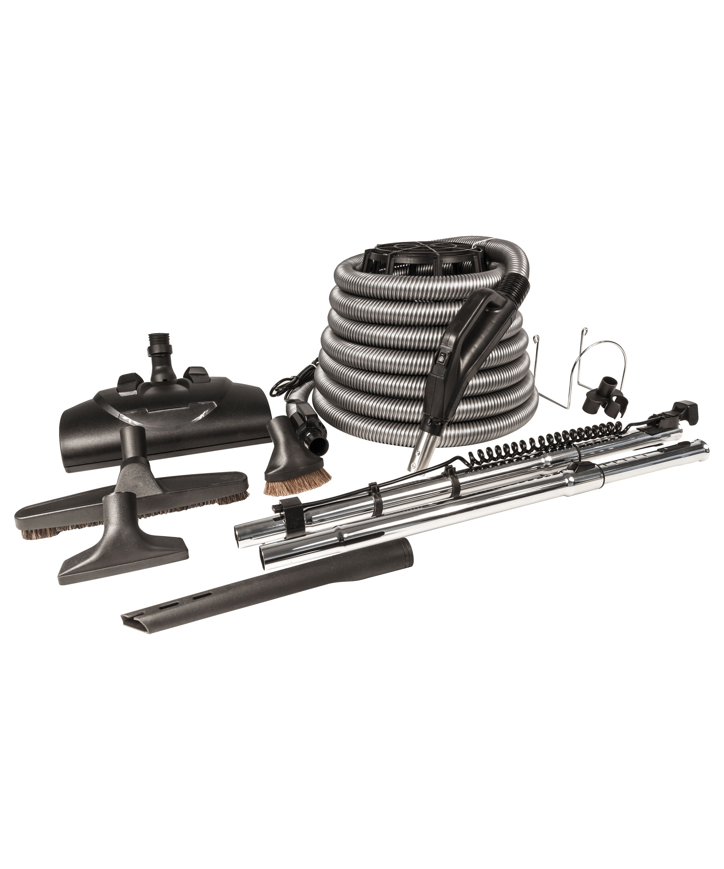 Central Vacuum Kit - 30' (9 m) Silver Electrical Hose - Wessel-Werk Power Nozzle - Floor Brush - Dusting Brush - Upholstery Brush - Crevice Tool - 2 Telescopic Wands - Hose and Tools Hangers - Black