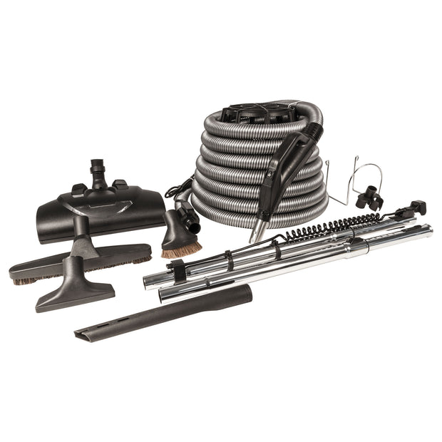 Central Vacuum Kit - 30' (9 m) Silver Electrical Hose - Wessel-Werk Power Nozzle - Floor Brush - Dusting Brush - Upholstery Brush - Crevice Tool - 2 Telescopic Wands - Hose and Tools Hangers - Black
