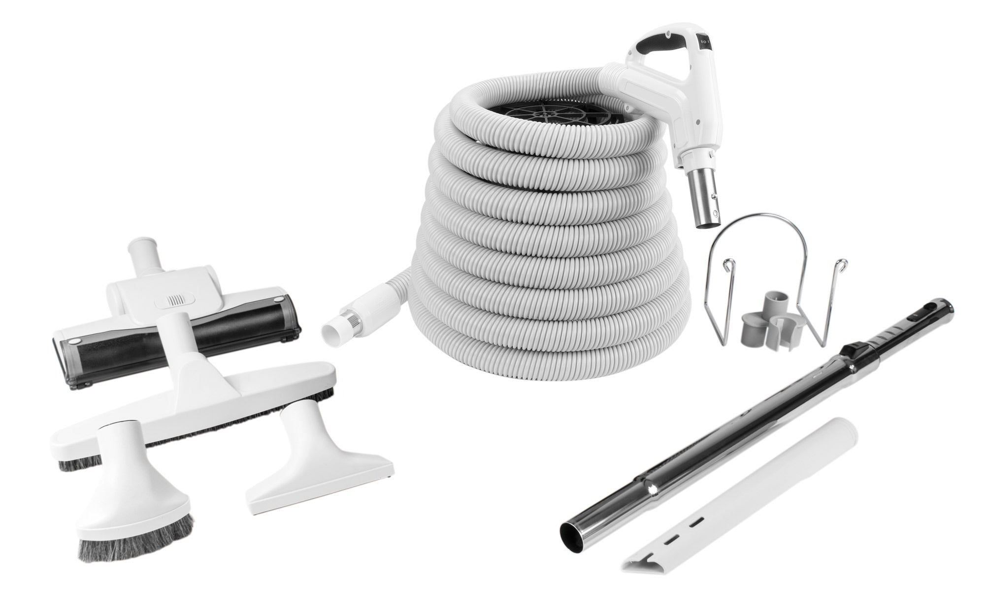 Central Vacuum Kit - 35' (10 m) Electrical Hose with On/Off Switch - Air Nozzle - Multiple Brushes