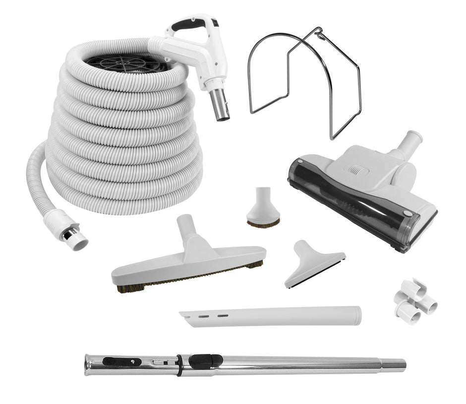 Central Vacuum Kit - 40 ft (12,2 m) Hose with On/Off Switch - 110V - Air Nozzle - Multiple Brushes