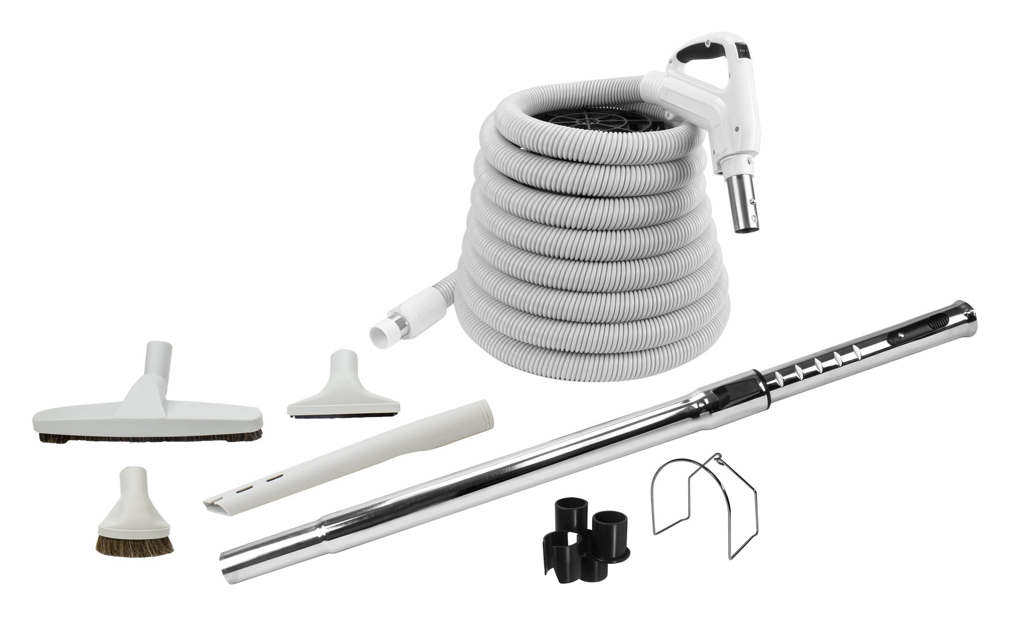 Central Vacuum Kit - 35' (10 m) Hose - Floor Brush - Dusting Brush - Upholstery Brush - Crevice Tool - Telescopic Wand - Hose and Tools Hangers - Grey