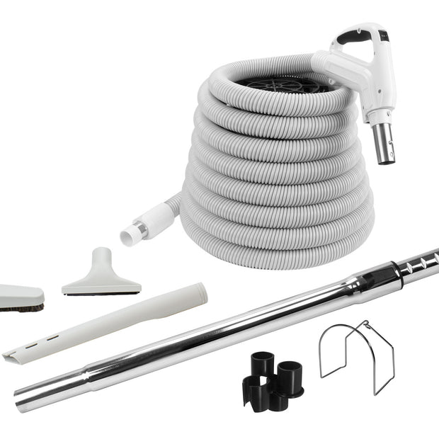 Central Vacuum Kit - 35' (10 m) Hose - Floor Brush - Dusting Brush - Upholstery Brush - Crevice Tool - Telescopic Wand - Hose and Tools Hangers - Grey