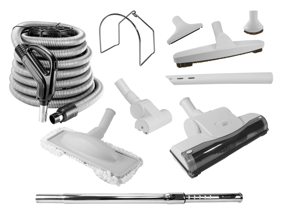 Central Vacuum Cleaner Kit - 35' (10 m)  Hose with On/Off Switch - Air Nozzle - Mini Air Nozzle - Floor Brush - Dusting Brush - Upholstery Brush - Crevice Tool - Telescopic Wand - Metal Hose Hanger - Grey