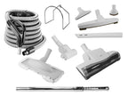 Central Vacuum Cleaner Kit - 35' (10 m)  Hose with On/Off Switch - Air Nozzle - Mini Air Nozzle - Floor Brush - Dusting Brush - Upholstery Brush - Crevice Tool - Telescopic Wand - Metal Hose Hanger - Grey