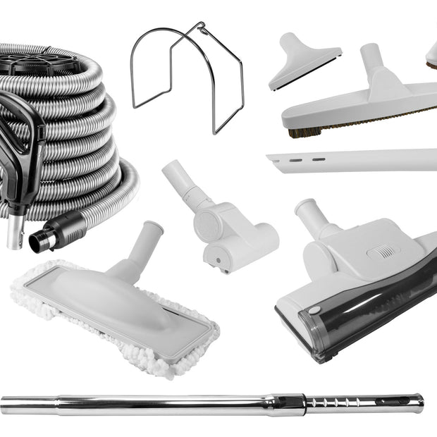 Central Vacuum Cleaner Kit - 35' (10 m)  Hose with On/Off Switch - Air Nozzle - Mini Air Nozzle - Floor Brush - Dusting Brush - Upholstery Brush - Crevice Tool - Telescopic Wand - Metal Hose Hanger - Grey