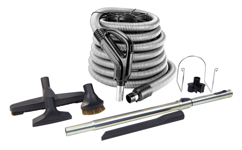 Central Vacuum Kit - 40' (12 m) Hose with Gas Pump Handle Featuring On/Off Switch - Multiple Brushes
