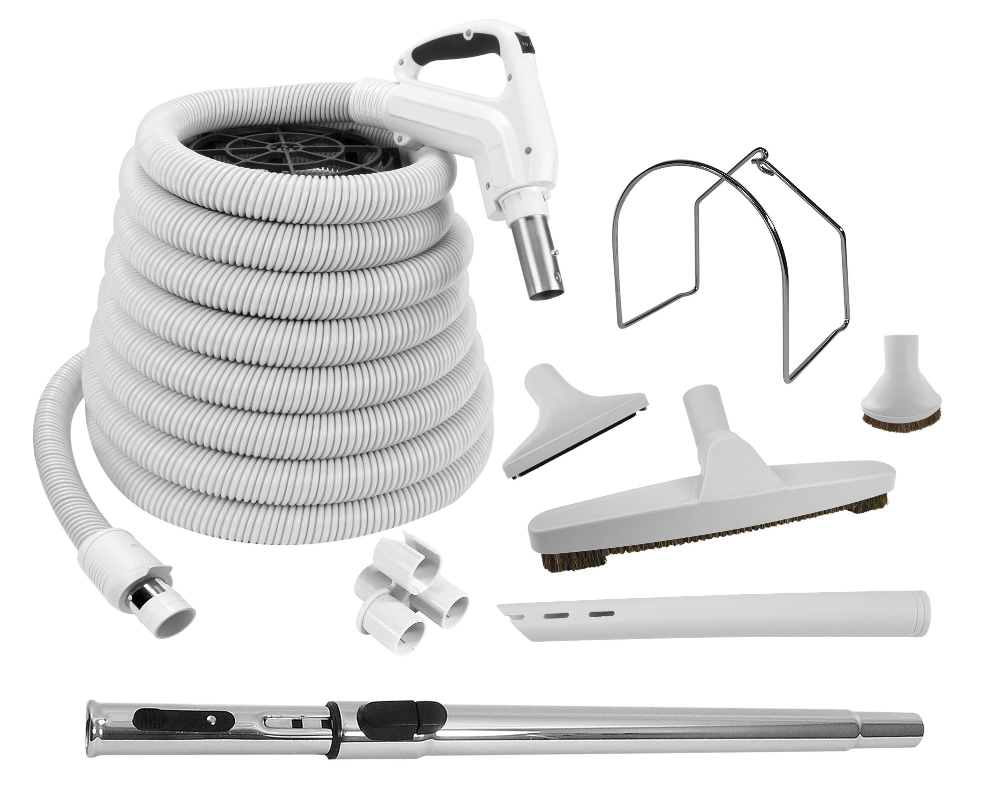 Central Vacuum Cleaner Kit - 40' (12 m) - Hose Gas Pump Handle - Floor Brush - Dusting Brush - Upholstery Brush - Crevice Tool - Telescopic Wand - Plastic Tool Caddy on Wand - Metal Hose Hanger