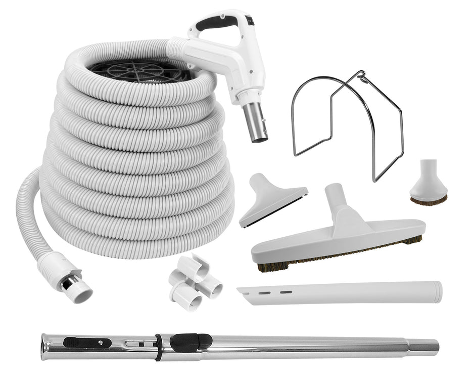 Central Vacuum Cleaner Kit - 40' (12 m) - Hose Gas Pump Handle - Floor Brush - Dusting Brush - Upholstery Brush - Crevice Tool - Telescopic Wand - Plastic Tool Caddy on Wand - Metal Hose Hanger