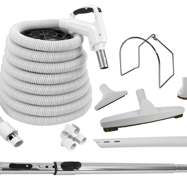 Central Vacuum Cleaner Kit - 40' (12 m) - Hose Gas Pump Handle - Floor Brush - Dusting Brush - Upholstery Brush - Crevice Tool - Telescopic Wand - Plastic Tool Caddy on Wand - Metal Hose Hanger
