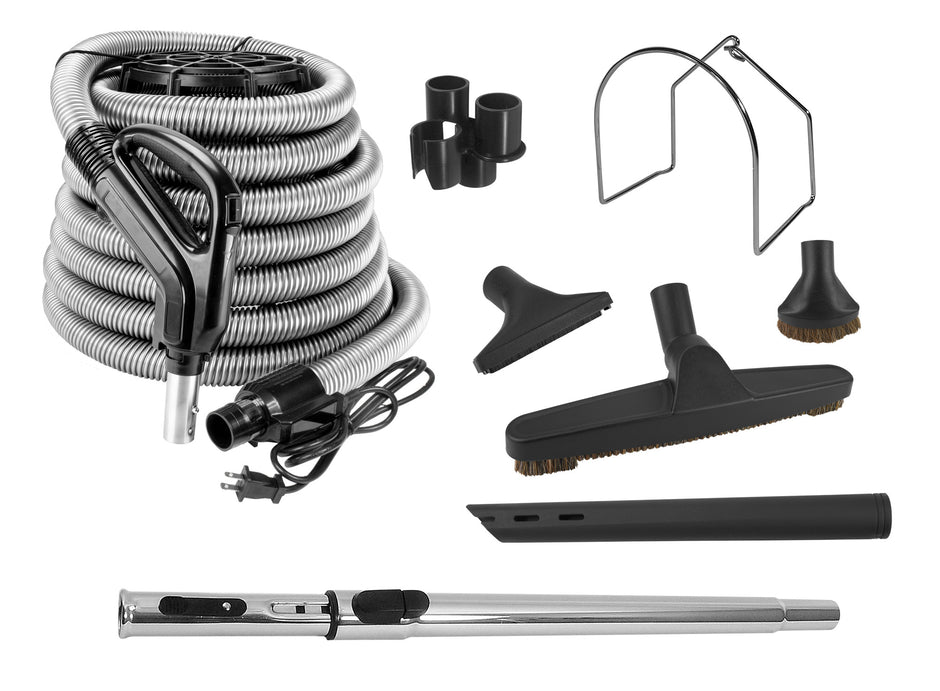 Central Vacuum Cleaner Kit - 35' (10 m) Electrical Hose with On/Off Switch - Multiple Brushes
