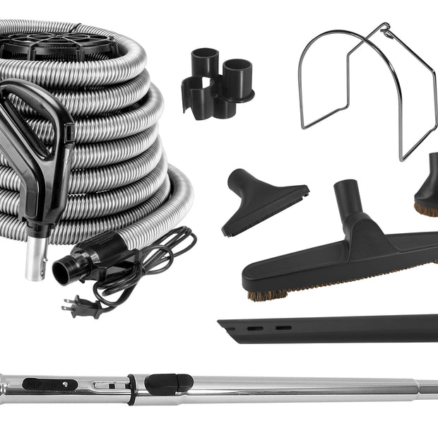 Central Vacuum Cleaner Kit - 35' (10 m) Electrical Hose with On/Off Switch - Multiple Brushes