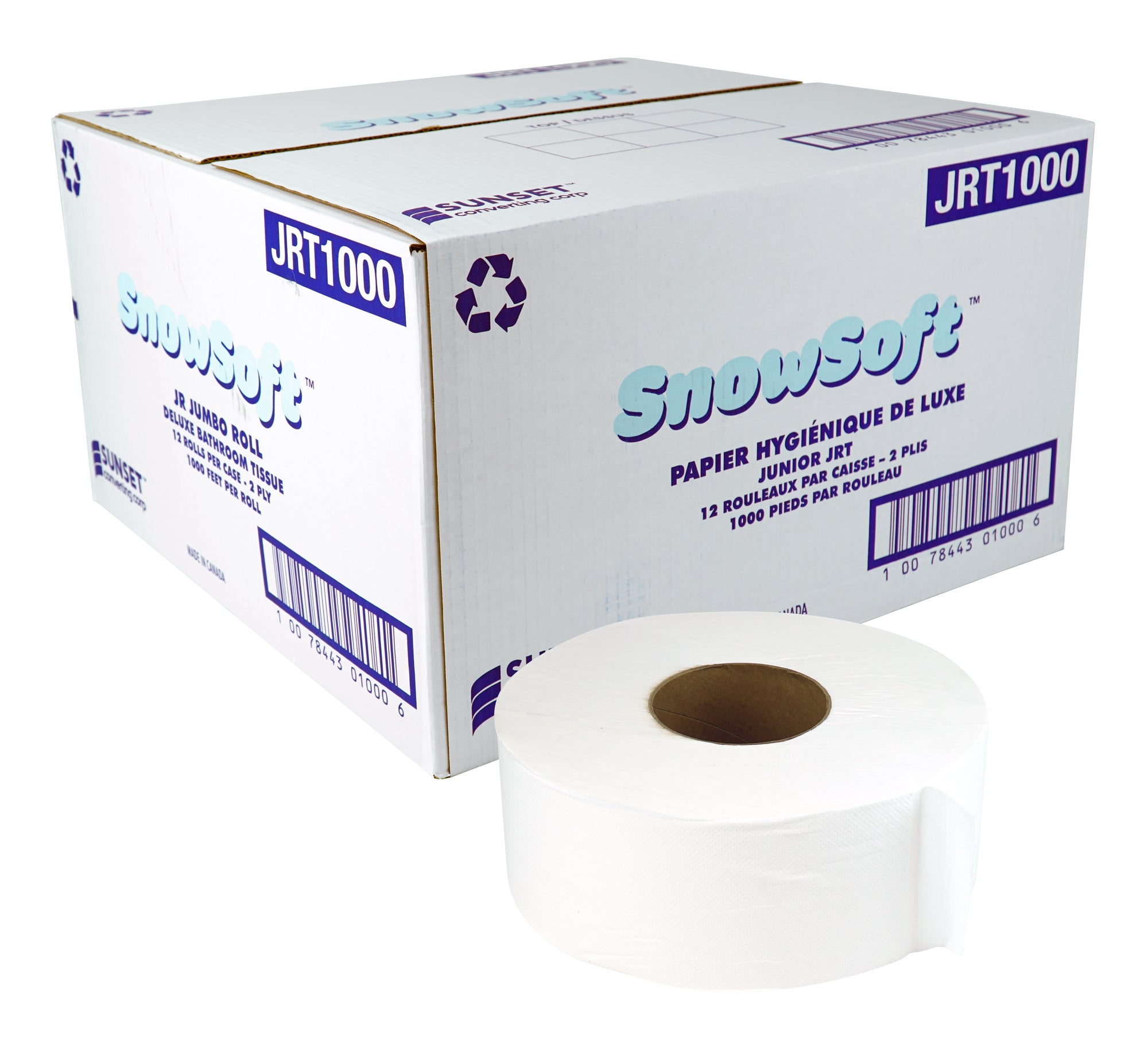 Deluxe Bathroom Tissue virgin SUNSET Snow Soft - 2-ply - 1000' per Rolls - 12 Rolls per Box - SUNSET JRT1000
