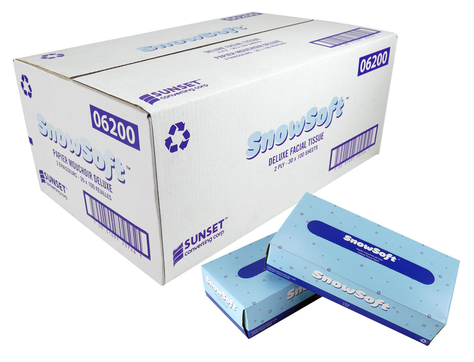 Facial Tissue - 2-ply - 30 Boxes of 100 Facial Tissues - White - SUNF10030