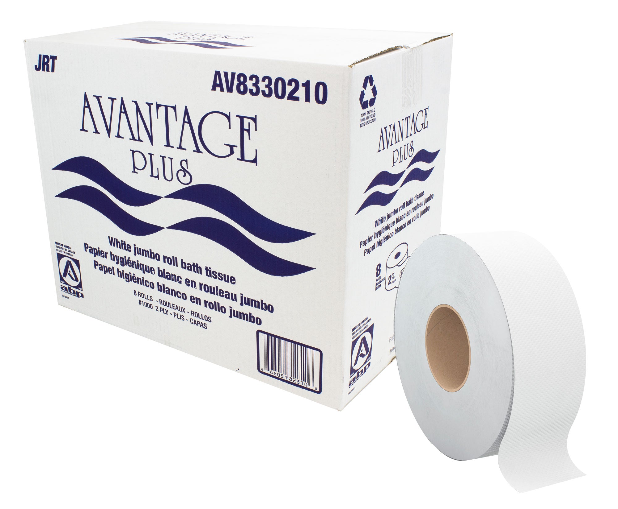Commercial Jumbo Bathroom Tissue - 10 lbs - 2-Ply - Box of 8 Rolls - White - Avantage Plus AV8330210