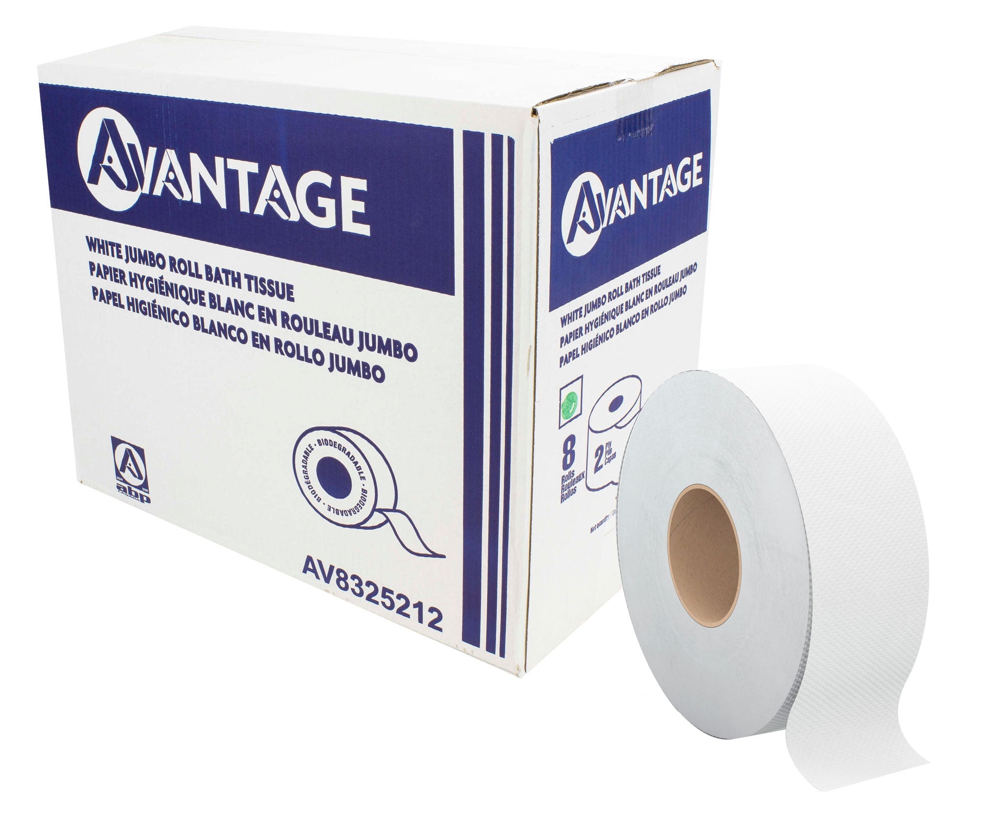 Commercial Jumbo Bathroom Tissue - 12lbs - Box of 8 Rolls - White - ABP AV8330212