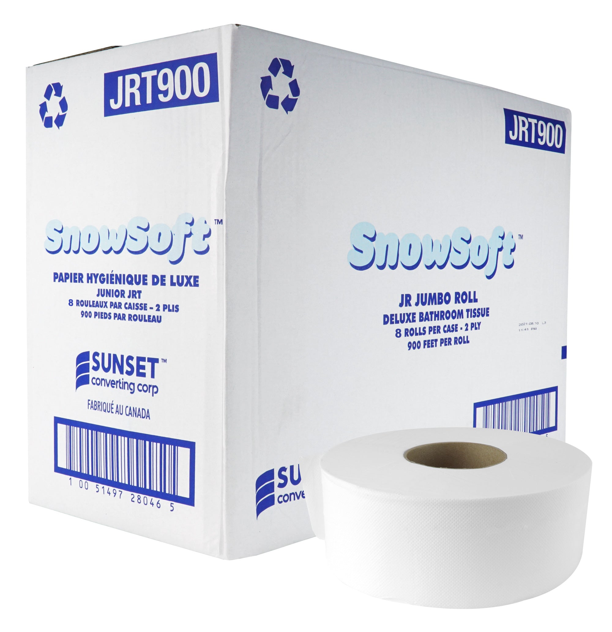 Deluxe Bathroom Tissue - 2-Ply - Box of 8 Rolls of 900' - SUNSET Snow Soft JRT900