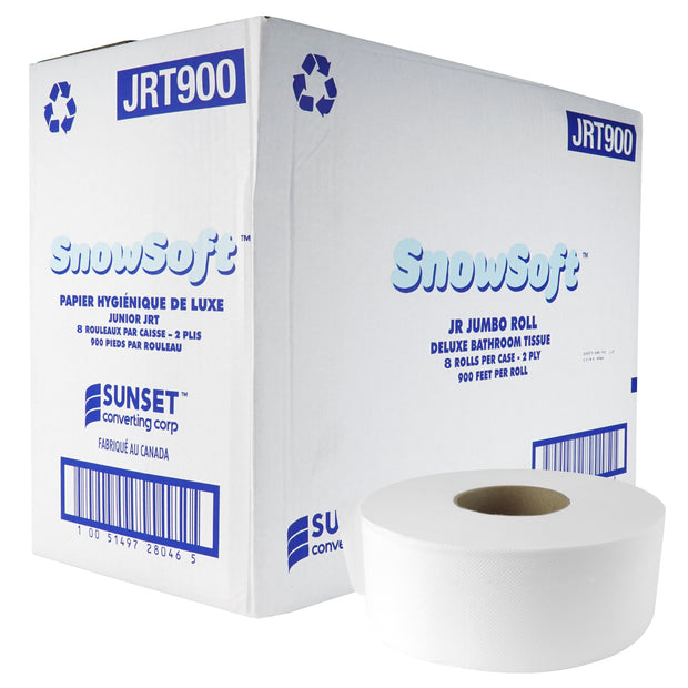 Deluxe Bathroom Tissue - 2-Ply - Box of 8 Rolls of 900' - SUNSET Snow Soft JRT900