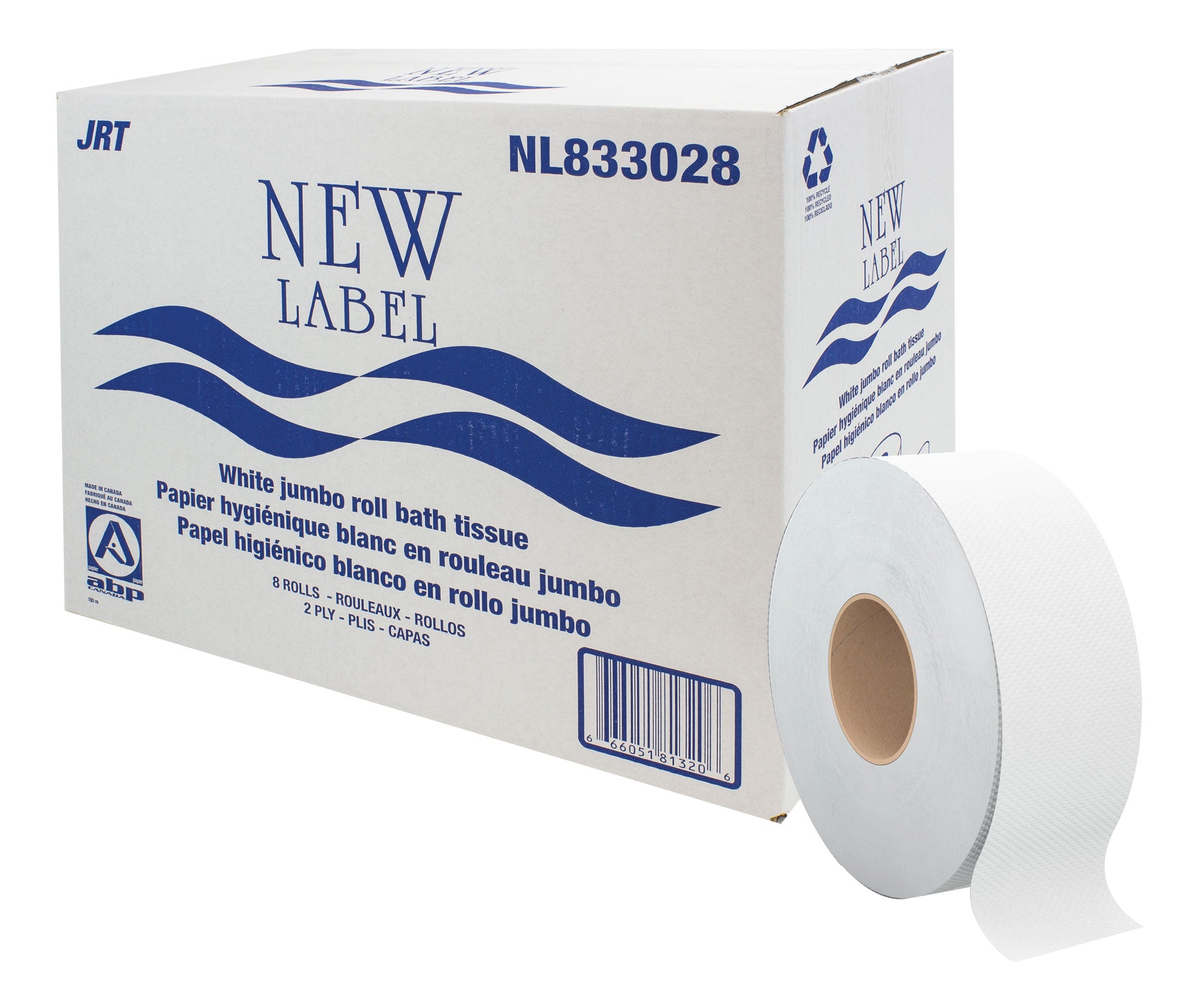 Commercial Jumbo Bathroom Tissue - 2-Ply - Box of 8 Rolls - White -  New Label  ABP  NL833028