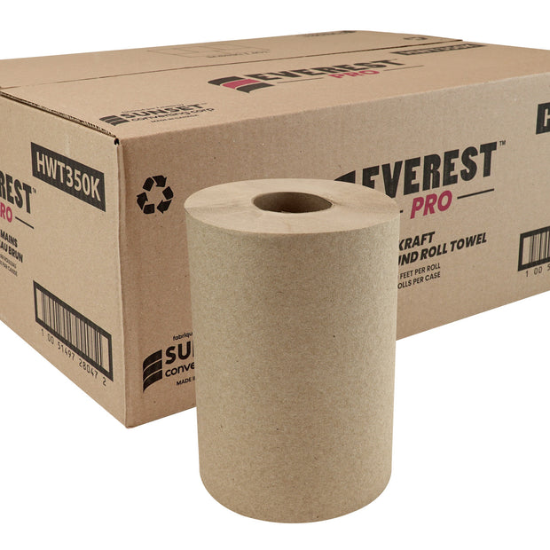 Paper Hand Towel - 7.8" (20 cm)  Width - Roll of 350' (106.7 m) - Box of 12 Rolls - Brown - HWT350K