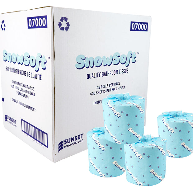 Virgin Bathroom Tissue - 2-Ply - Box of 48 Rolls of 420 Sheets - 4.25" X 3.5" - SUNSET Snow Soft 7000