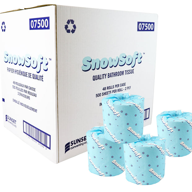 Virgin Bathroom Tissue - 2-Ply - Box of 48 Rolls of 500 Sheets - 4.25" X 3.5" - SUNSET Snow Soft 7500