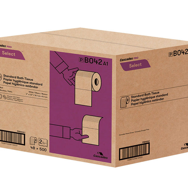 Standard Bathroom Tissues - 2-Ply - 4" x 3.2" (10.2 cm x 8.1 cm) - Box of 48 Rolls of 500 Sheets - White - Cascades Pro B042